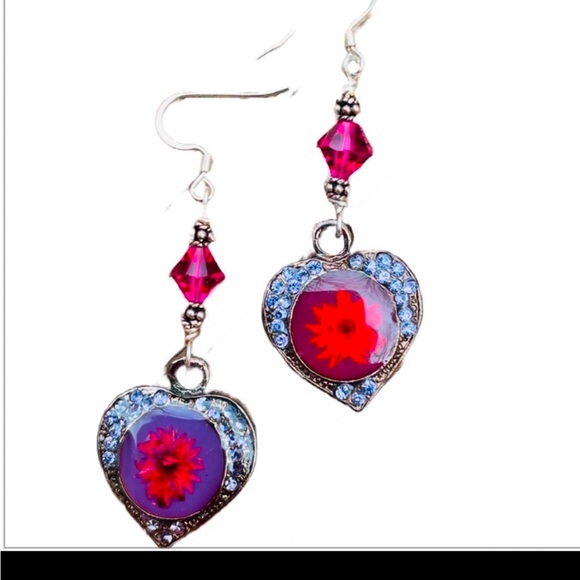 Jewel Design by Grace Jewelry - Antique Lamp work flower heart earrings. Swarovski Crystal.